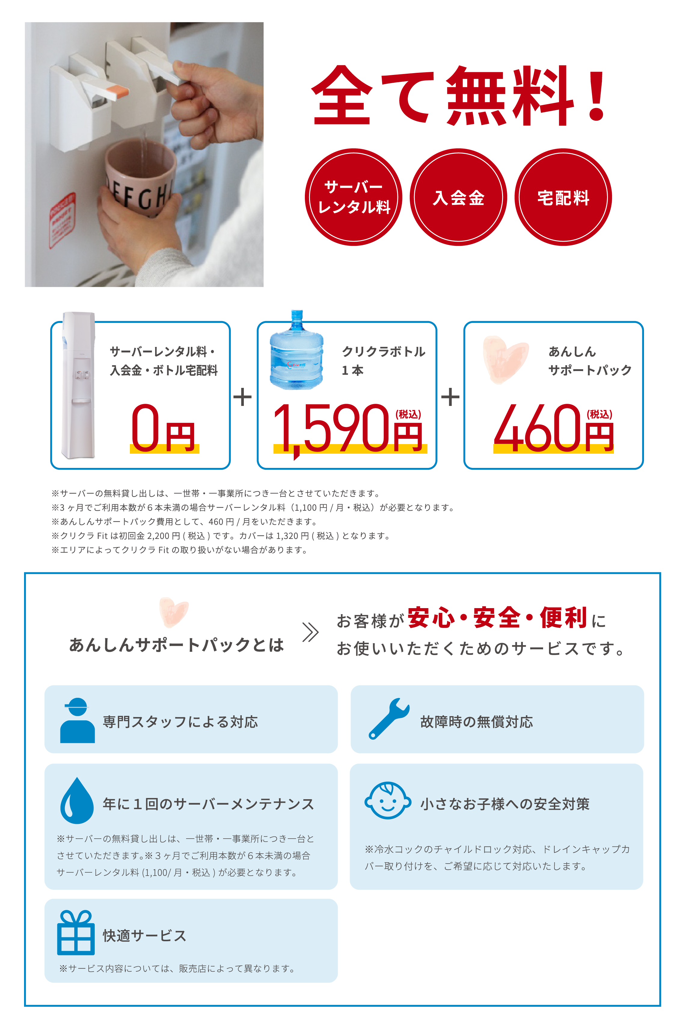 毎月かかる料金は「クリクラボトルの料金」だけ！サーバーレンタル料・入会金・宅配料全て無料！