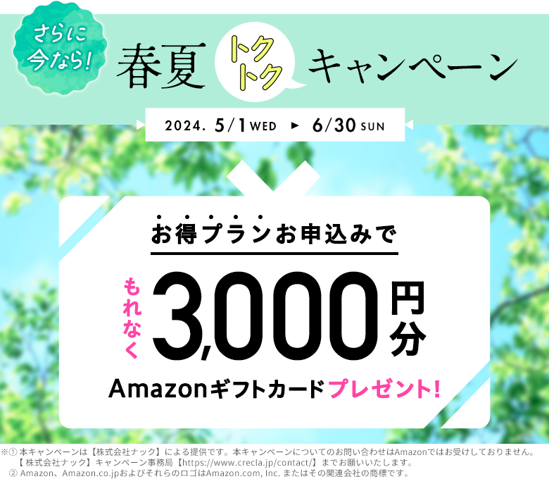 春夏トクトクキャンペーン 2024/5/1～6/30　お得プランお申込みでもれなく3000円分Amazonギフトカードプレゼント！
